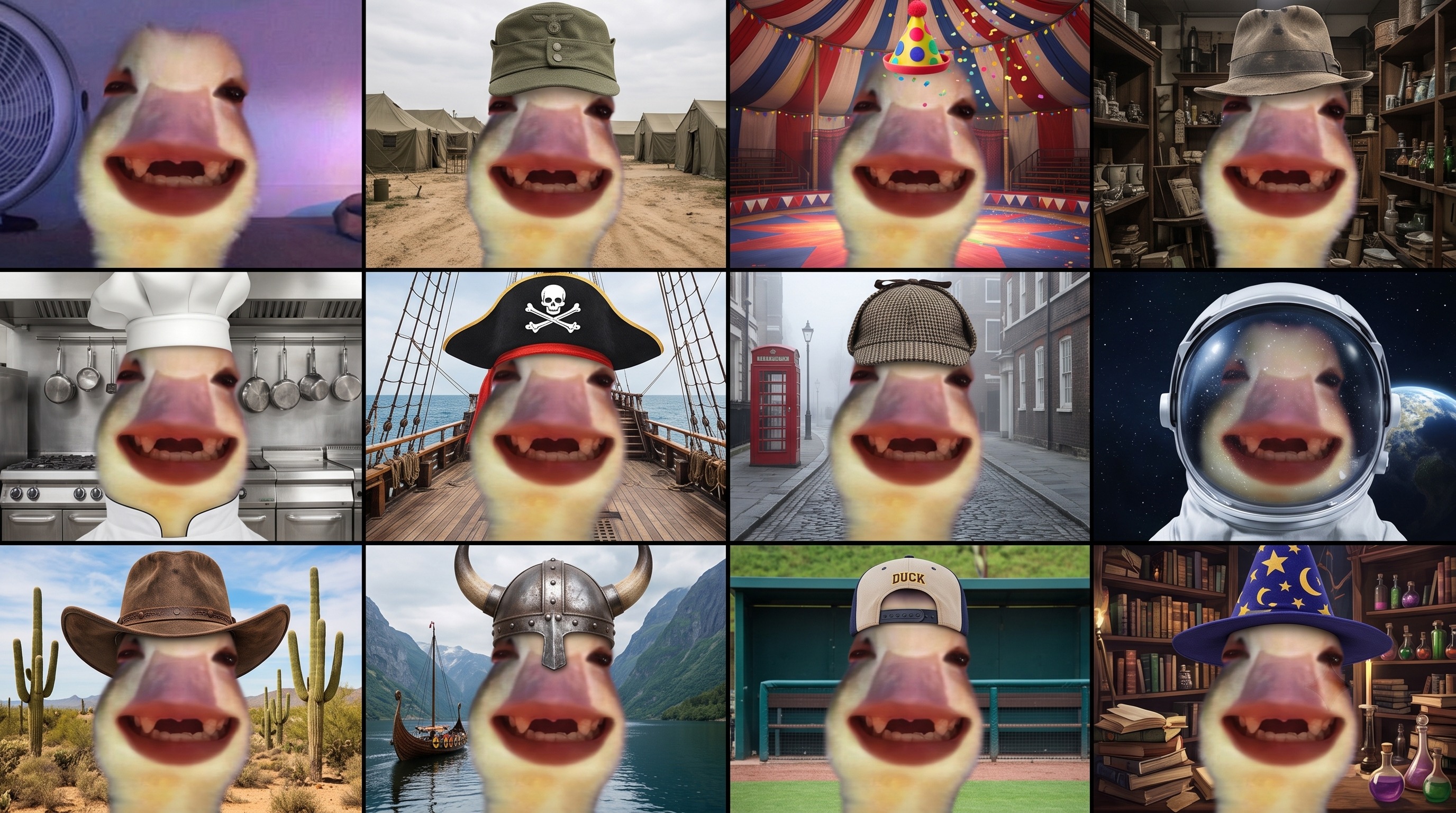 Grid of Joby in many different hats
