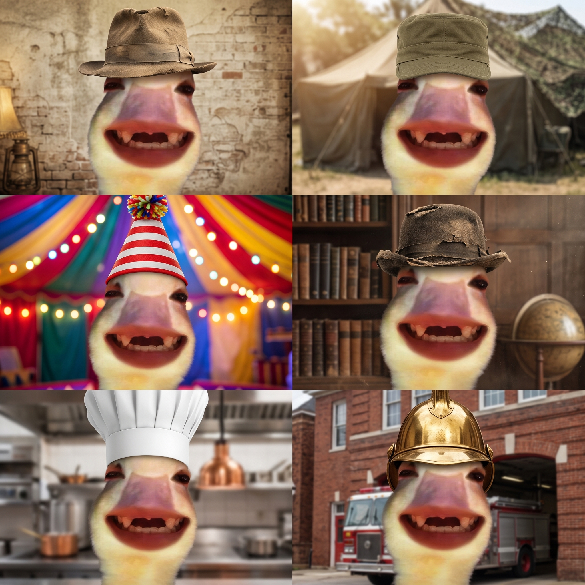 Six portraits of Joby in assorted hats