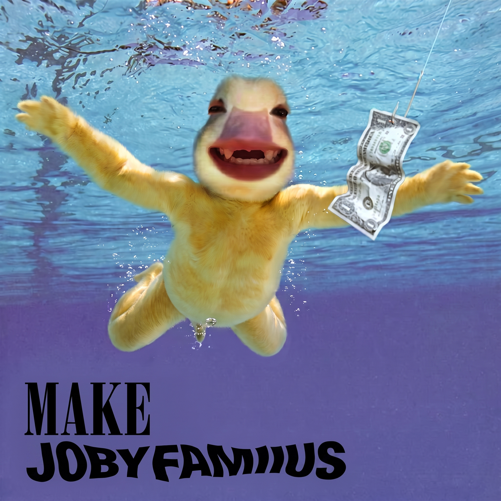 Baby Joby swimming toward a dollar on a hook
