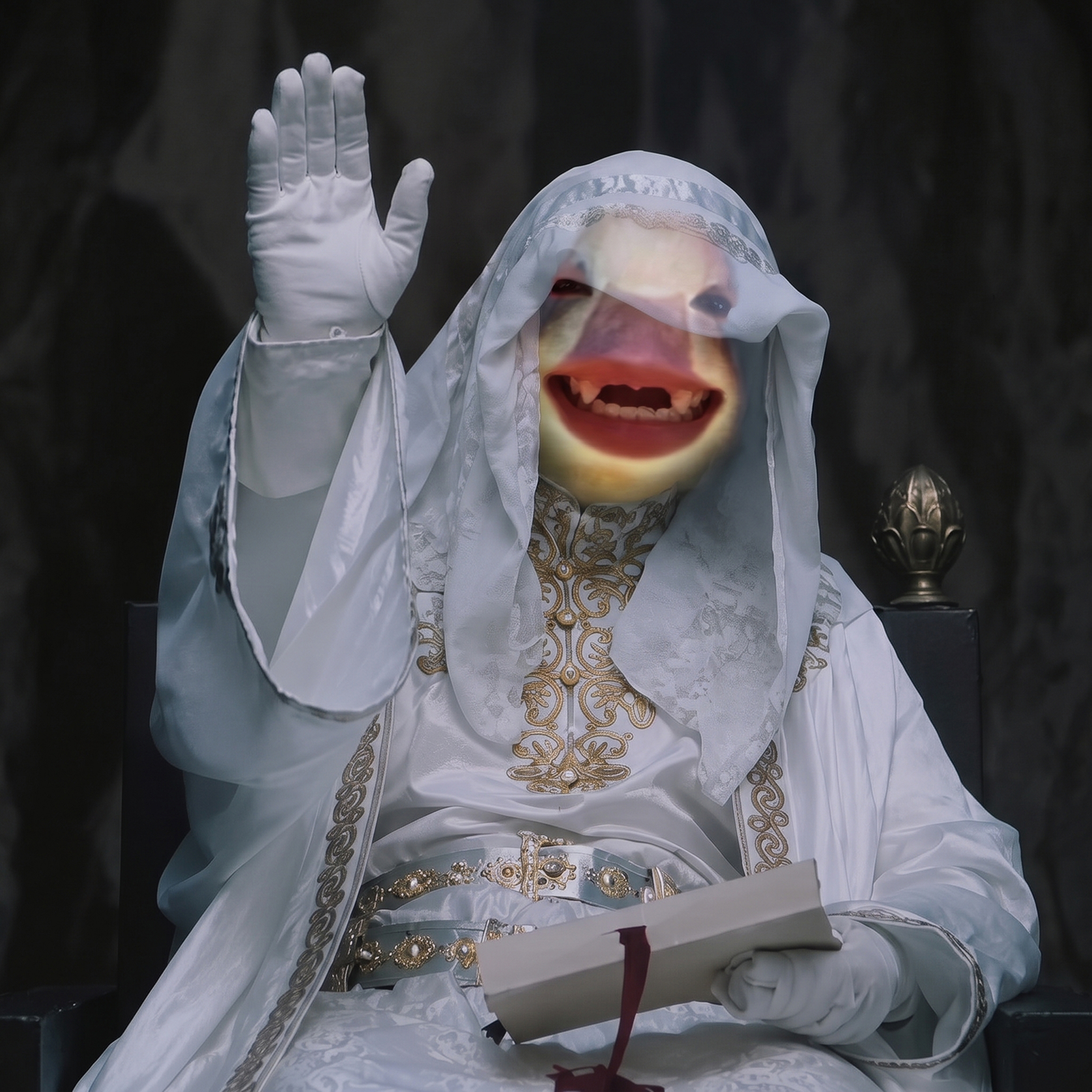 Joby dressed as a holy robed figure